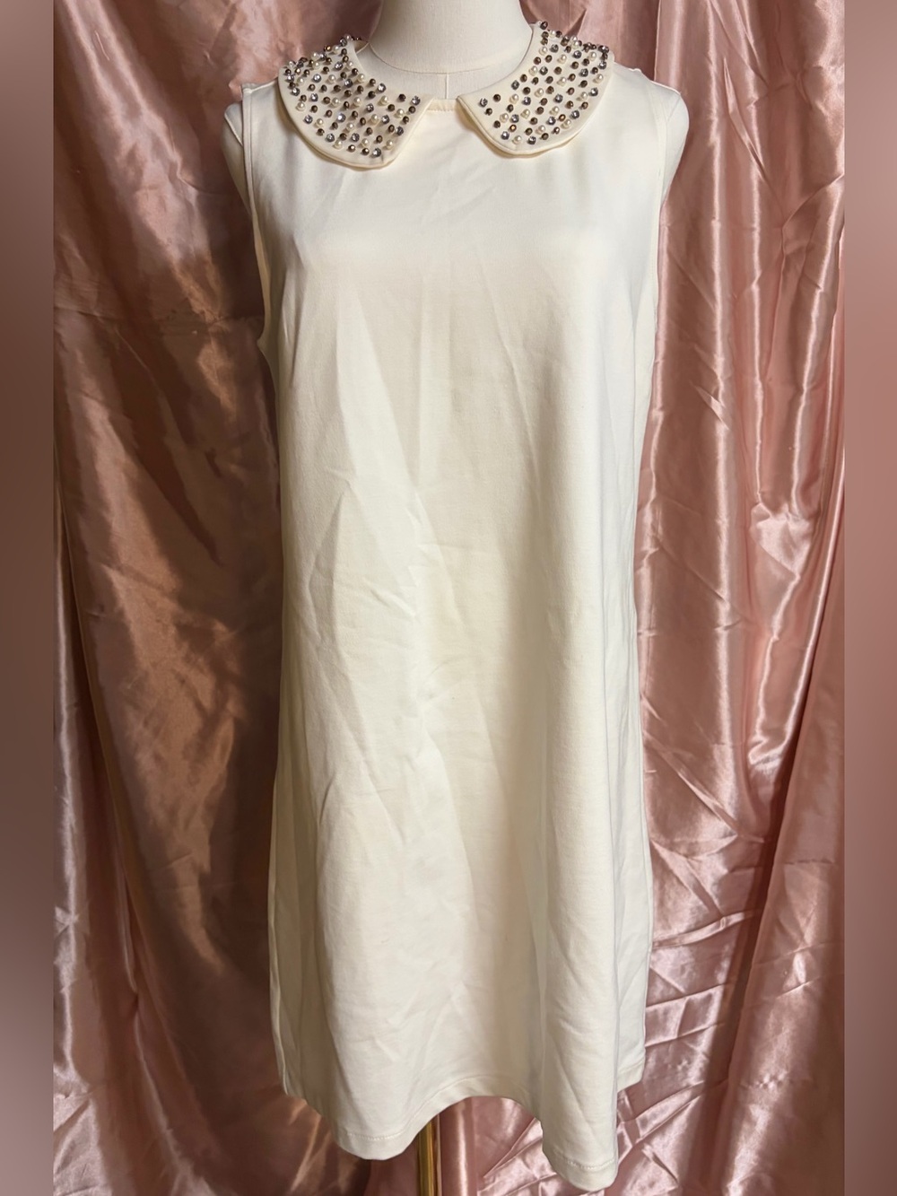 Vivienne Tam Cream Sleeveless Mini Dress with Beaded Peter Pan Collar
